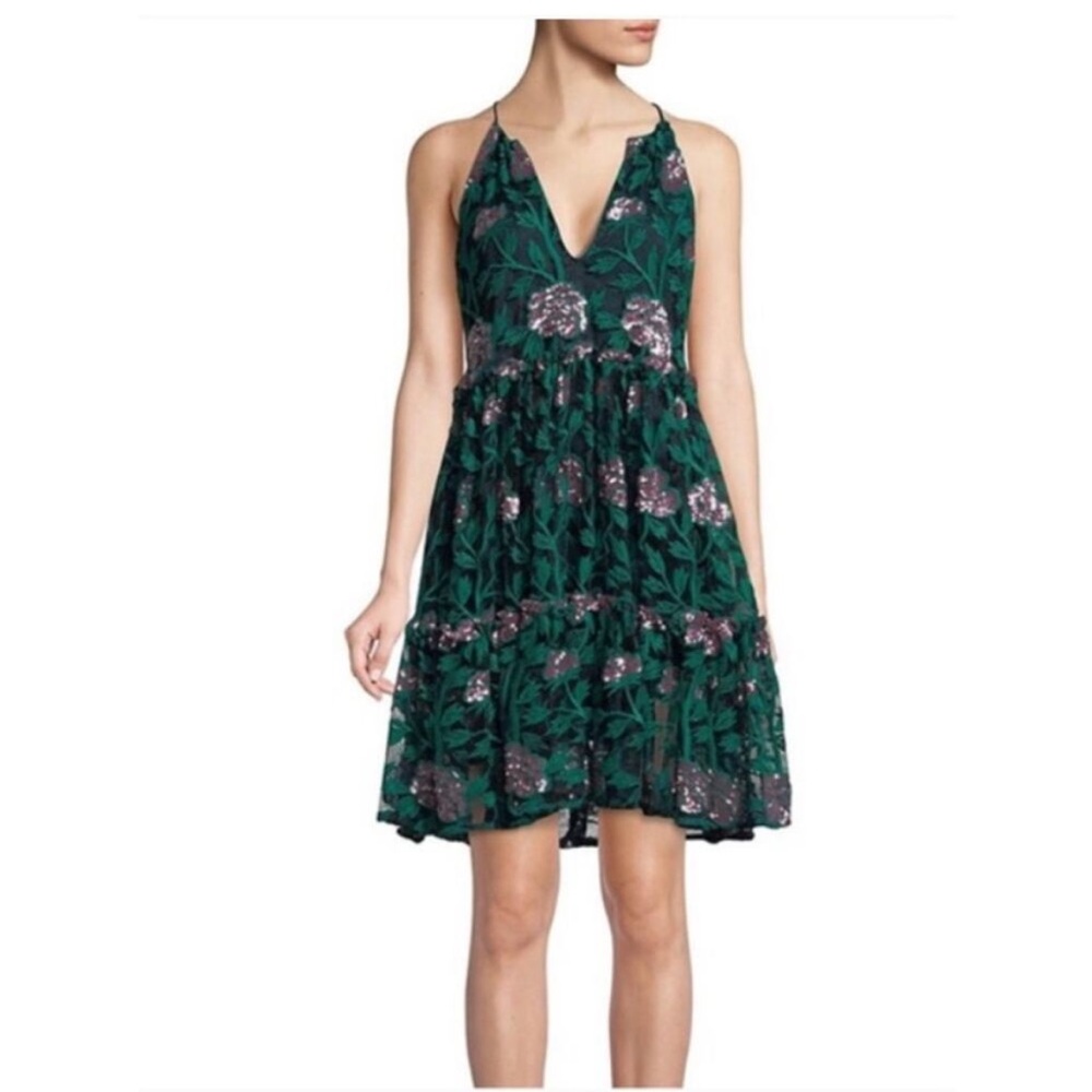 Badgley Mischka Green Floral Mini Dress